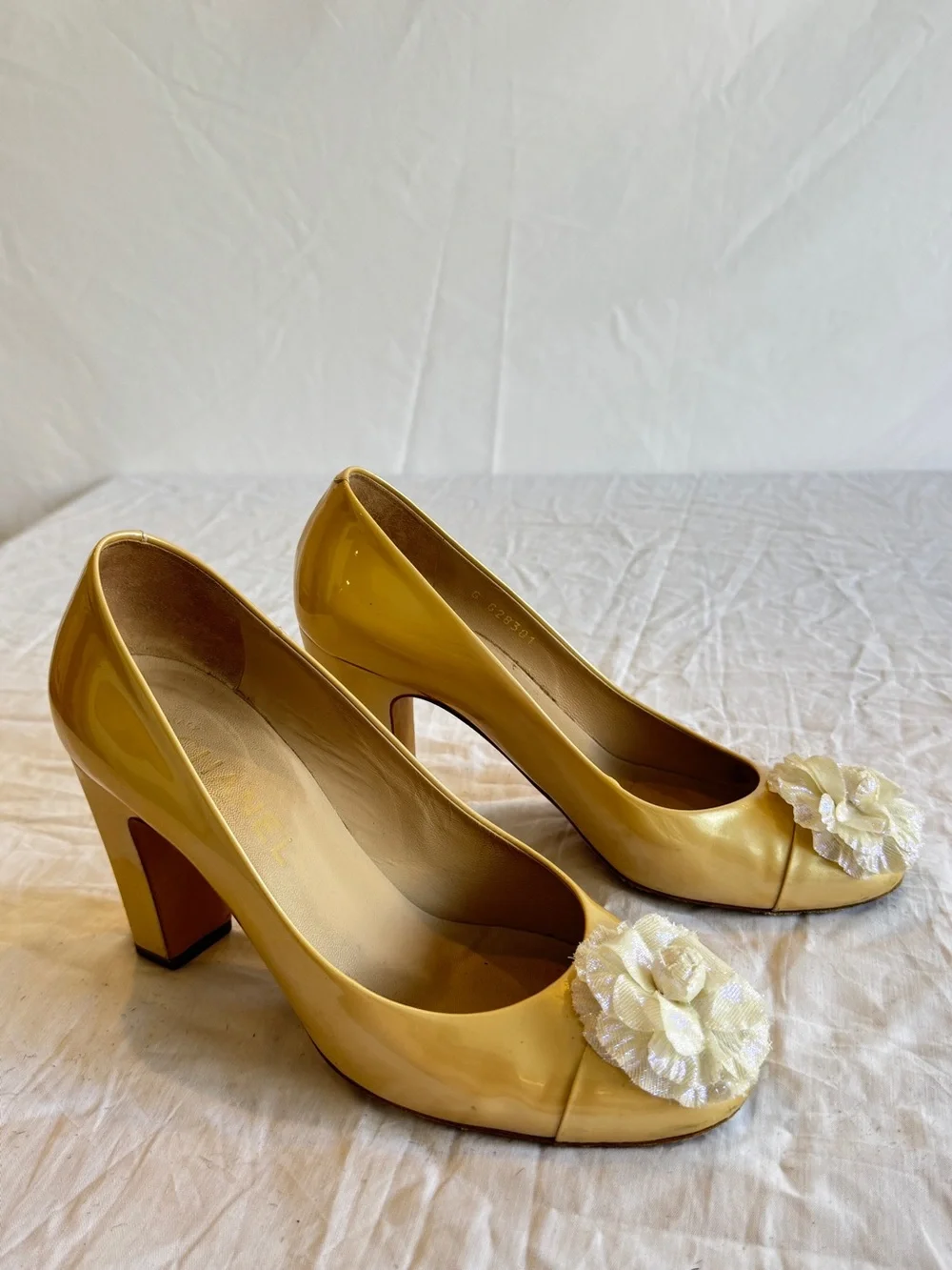 CHANEL Yellow Patent Camellia Iridescent Flower & CC Ballet Heels